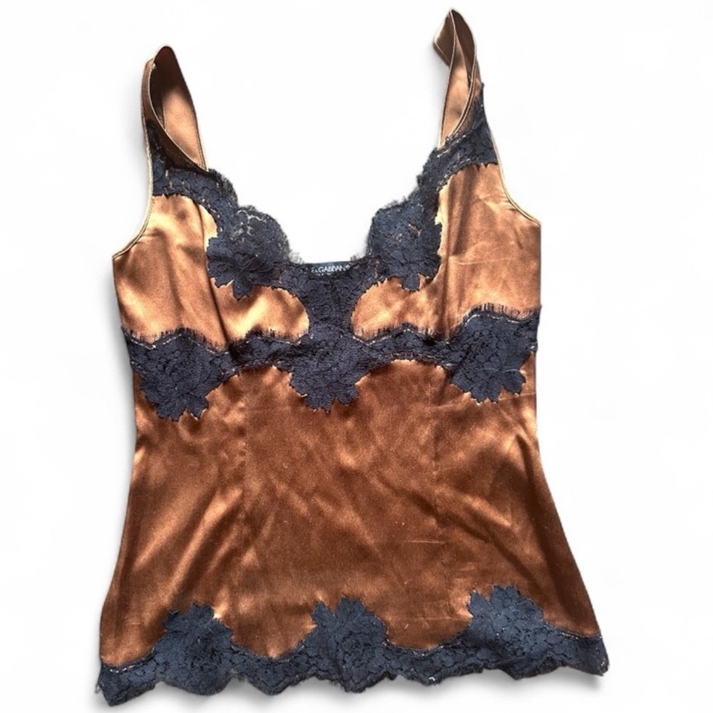 Dolce & Gabbana Bronze Silk Lace  Top with Black Lace Trim – Made in Italy